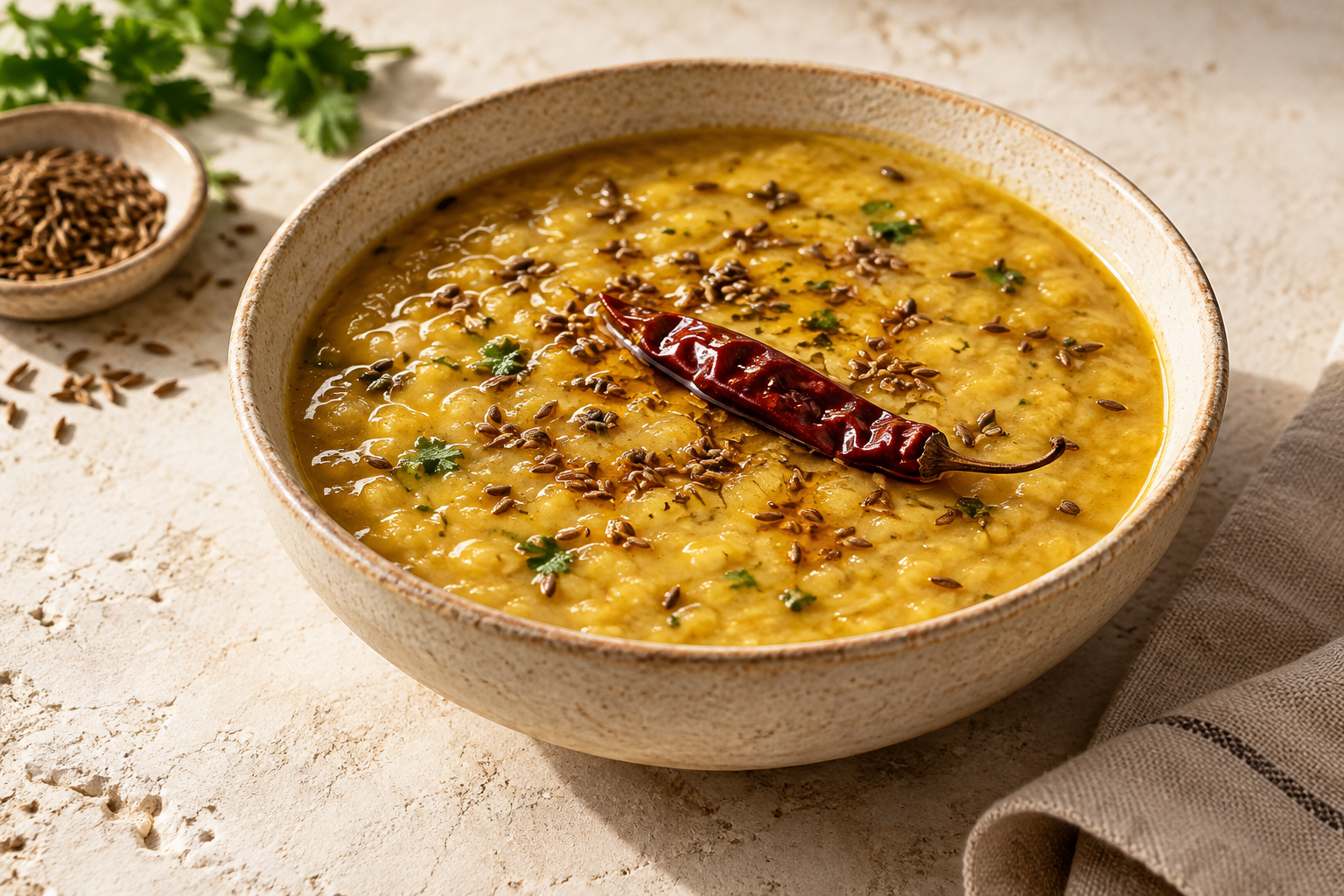 Editorial photograph interpreting Whole-chilli cumin dal