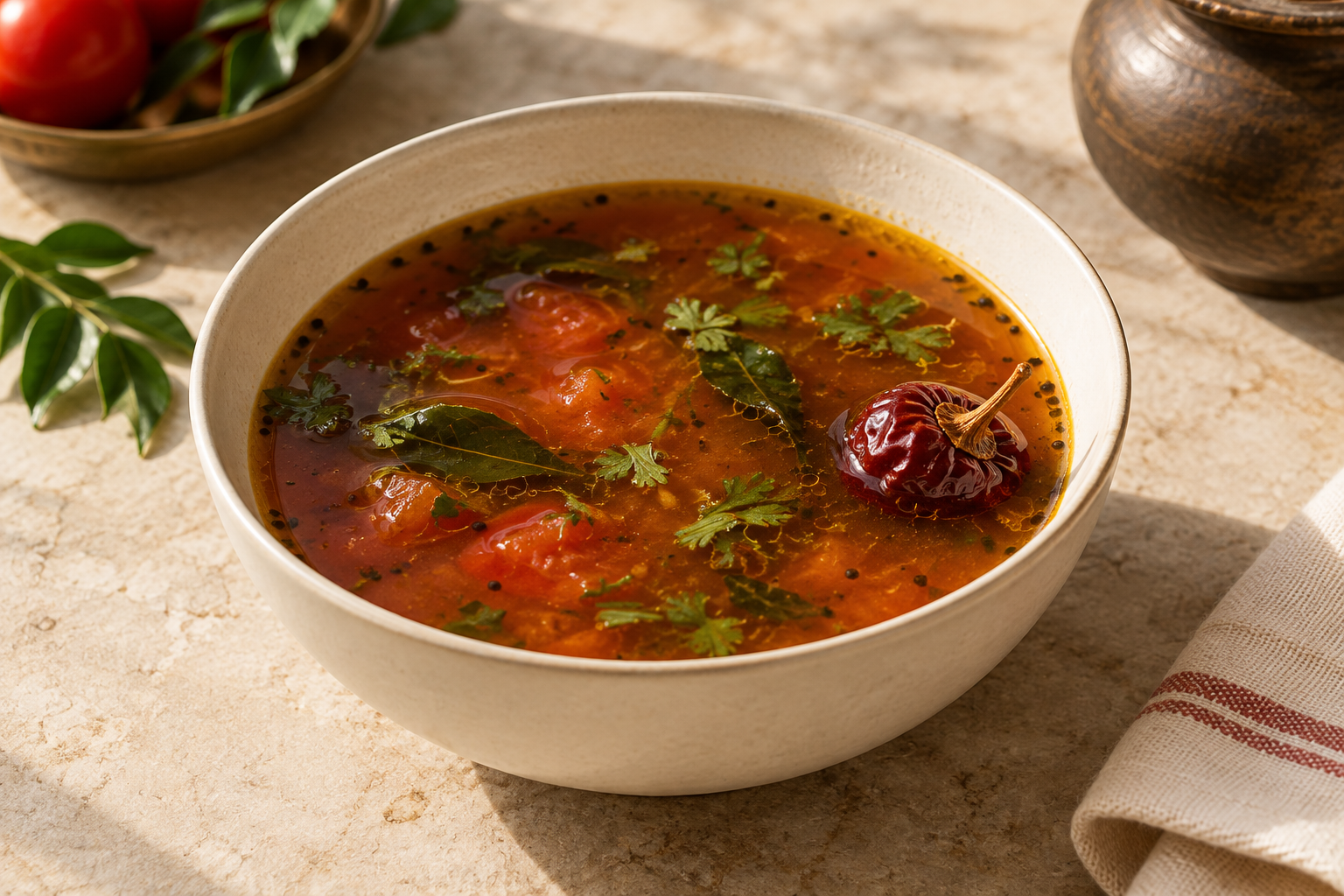 Editorial photograph interpreting Tomato-tamarind broth with whole Mundu chilli