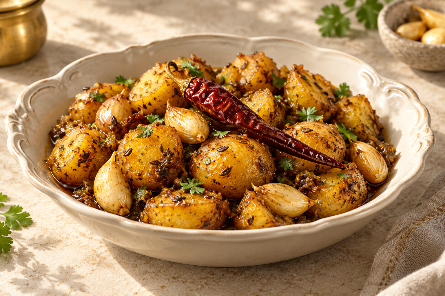 Editorial photograph interpreting Whole Mathania chilli and garlic braised potatoes