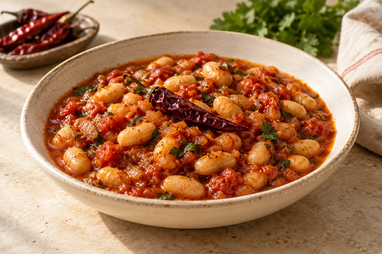 Editorial photograph interpreting Whole red chilli tomato and white-bean pot